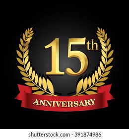 15th anniversary logo with red ribbon and golden laurel wreath, vector template for birthday celebration.