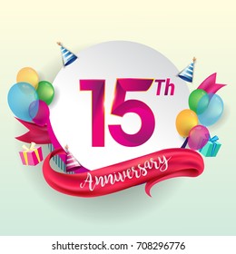 15th Anniversary logo with ribbon, balloon, and gift box isolated on circle object and colorful background