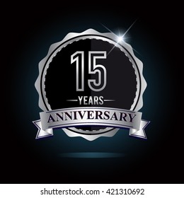 15th anniversary logo with ribbon and silver shiny badge, vector design for birthday celebration