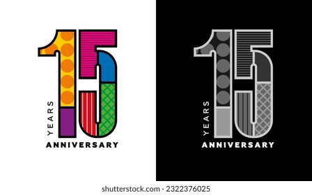 15th anniversary logo set, fifteen years badge, colorful logo for celebration event, invitation, congratulations, web template, flyer and booklet, retro symbol, color logo