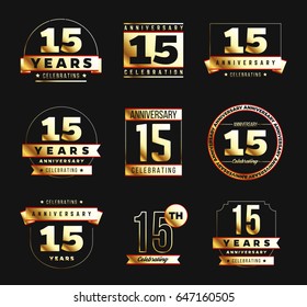 15th anniversary logo set with golden elements. Vector illustration.