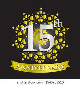 15th anniversary logo with silver and gold ribbon. Vector design template elements for your birthday celebration.