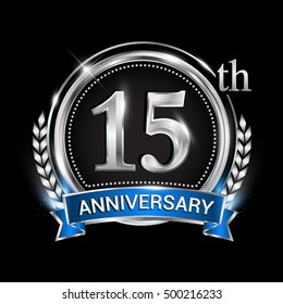 15th anniversary logo with silver ring combination blue ribbon and laurel wreath. Vector template for birthday celebration, party, wedding, invitation and greeting card