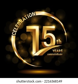 15th Anniversary Logo, Template design for anniversary celebration with golden ring and text, vector illustration