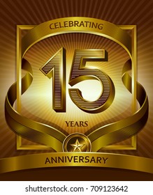 15th anniversary logo. Vector and illustration shiny gold ribbon