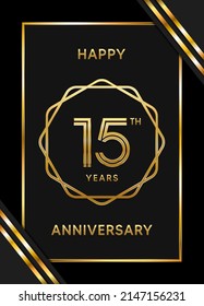 Logotipo del 15º aniversario. Diseño de planilla de celebración del aniversario con anillo de oro para folletos, folletos, revistas, póster de folleto, banner, web, invitación o tarjeta de saludo. Ilustraciones vectoriales.