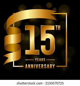 15th Anniversary logotype. Anniversary celebration template design with golden ribbon for booklet, leaflet, magazine, brochure poster, banner, web, invitation or greeting card. Vector illustrations.