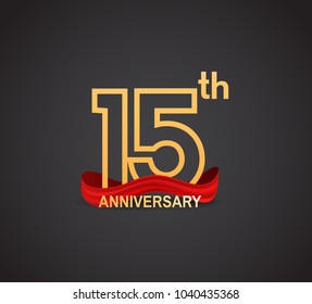 15th anniversary logotype design with line golden color and red ribbon for celebration isolated on dark background