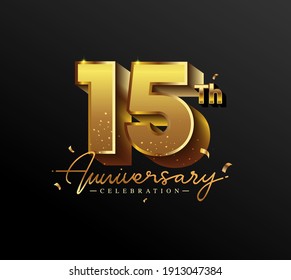 Logotipo de 15 Aniversario con Confetti de Oro aislado en fondo negro, diseño vectorial para tarjeta de felicitación y tarjeta de invitación