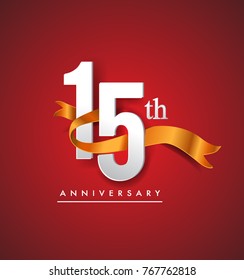 15th anniversary logotype with golden ribbon isolated on red elegance background, vector design for birthday celebration, greeting card and invitation card.