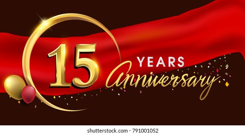 15th anniversary logotype with golden ring isolated on red ribbon elegant background, vector design for birthday celebration, greeting card and invitation card.