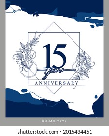 15th Anniversary logotype with hand drawn background blue color for celebration event, wedding, greeting card, and invitation.