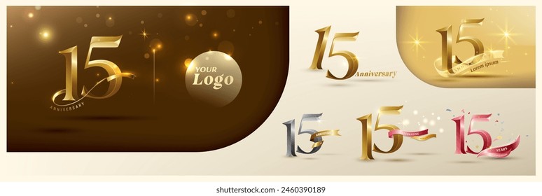 15th anniversary logotype modern gold number with shiny ribbon. alternative logo number Golden anniversary celebration