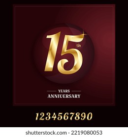 15th anniversary logotype template design for banner, poster, illustration, vector and card with gold theme