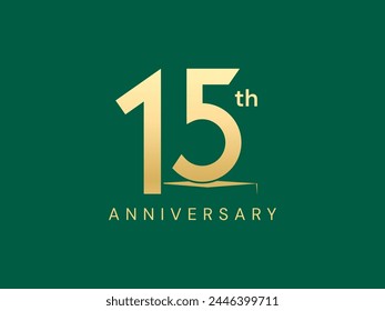 15th Anniversary luxury gold celebration with number 5 on podium shape logo typography vector design concept. Fifteen years anniversary gold logo template for celebration event, business, invitation.