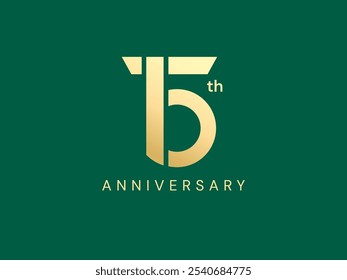 15th Anniversary luxury gold celebration with Overlapping numbers logo vector design concept. Fifteen years anniversary gold logo template for celebration event, business, invitation, card, website.