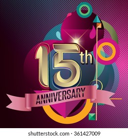 15th Anniversary, Party poster, banner and invitation - background geometric glowing element. Vector Illustration