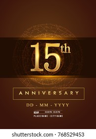 15th anniversary poster design on golden and elegant background, vector design for anniversary celebration, greeting card and invitation card.