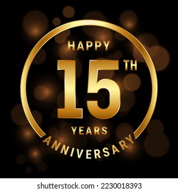 15th Anniversary. Anniversary template design with gold ring for celebration event, wedding, invitation and greeting card. Vector illustration