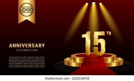 15th Anniversary. Template design with golden stage for celebration event, wedding, greeting card and invitation card. Vector illustration EPS10