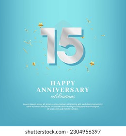 15th anniversary vector template with a white number and confetti spread on a gradient background