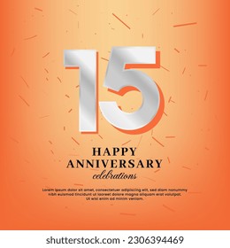 15th anniversary vector template with a white number and confetti spread on an orange background
