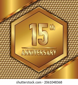 15th anniversary with very luxurious gold metal texture background, logo vector template