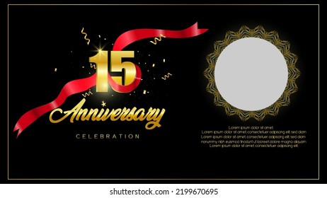 15th anniversary Year celebration background. 3D Golden number wrapped with red tape and confetti on black backdrop vector illustration.