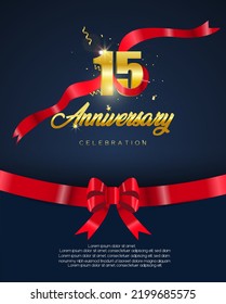 15th anniversary Year celebration background. 3D Golden number, draped with red tape. The backdrop of blue, poster, template, and card vector illustration.