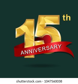 15th anniversary years celebration logotype. Logo gold numbers and ribbon gray background. 
