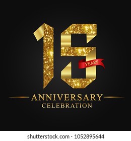 15th anniversary years celebration logotype. Logo ribbon gold number and red ribbon on black background. 