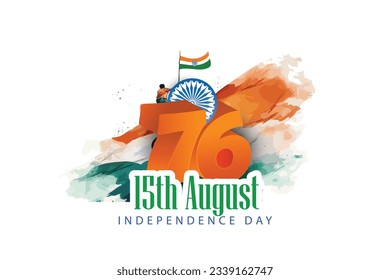 15th August 76th Independence Day of India on with Tricolor Indian flag, Indian monuments