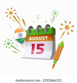 15th august calendar with holiday elements. Festive art object forindependence day. Indian national celebration design. Bright vector 3d cartoon illustration in minimal realistic style.