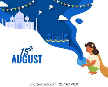 15 De Agosto, Concepto De Celebración Con Caja De Chicas Indias, Volando De Paloma, Famoso Monumento A La India Sobre El Azul Y El Libro Blanco Cortan El Fondo.