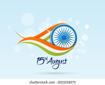 15th August Creative Vector Greeting Background with Tri-Colour wave and Ashok Chakra for Card, banner, poster, advertisement, brochure, discount, sale, template. Happy Independence Day.