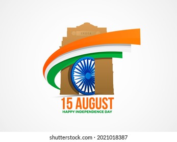 15th August Creative Vector Greeting Background with Tri-Colour wave, Ashok Chakra and India Gate for Card, banner, poster, advertisement, brochure, discount, sale, template. Happy Independence Day.