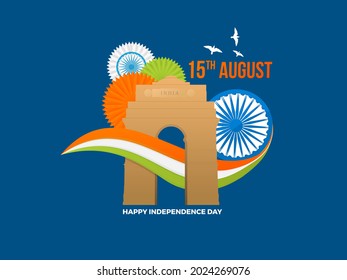 15th August Creative Vector Greeting Background with Tri-Color wave, Ashok Chakra, and India Gate for Card, banner, poster, advertisement, brochure, discount, sale, template. Happy Independence Day.