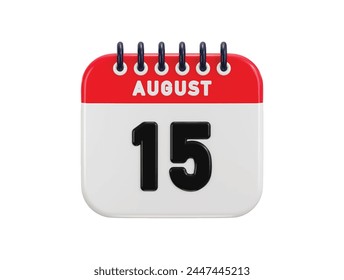 fecha del 15 de agosto en el ícono del calendario Ilustración vectorial de renderizado 3d