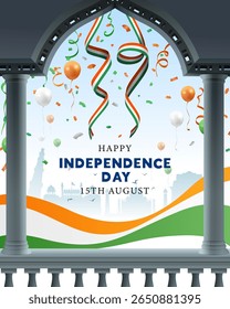 15th august happy 79th independence day creative illustration with ribbons, confetti and balloons