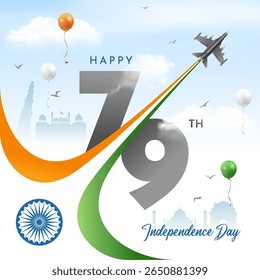 15th august happy 79th independence day of india 3d illustration with abstract wavy lines, clouds and tricolor background