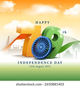 15th august happy 79th independence day of india 3d illustration with abstract wavy lines, clouds and tricolor background