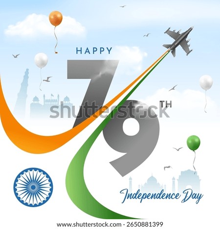 15th august happy 79th independence day of india 3d illustration with abstract wavy lines, clouds and tricolor background