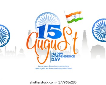 15th August, Happy Independence Day celebration, Indian National Flag and  colour background with Ashoka Wheel