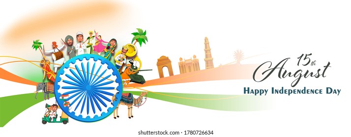 15th August Happy Independence Day Header Or Banner Design With Showing Cultural Diversity And Heritage Of India On White Background.