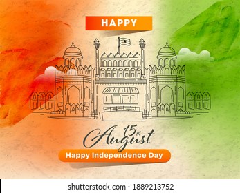 15th August Happy Independence Day Concept With Sketching Red Fort Monument On Tricolor Abstract Grunge Background.