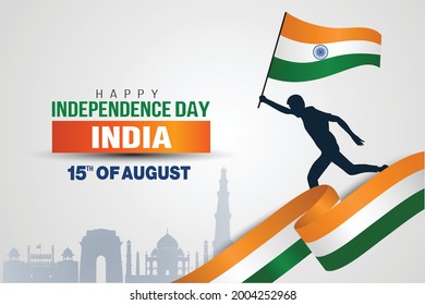 15th August happy independence day India template. Indian man running with flag. vector illustration design