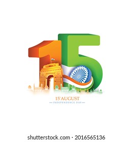 15 de Agosto, Feliz Día de la Independencia India con texto en 3d, bandera india