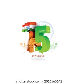 15th August, Happy Independence day India with 3d text, indian flag