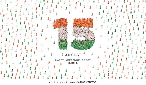 15th of August Happy Independence Day India. A large group of people form to create the number 15. Indian people in traditional dress or clothings. Vector illustration. 