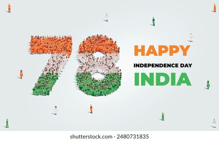 15th of August Happy Independence Day India. A large group of people form to create the number 78. Indian people in traditional dress or clothings. Vector illustration. 